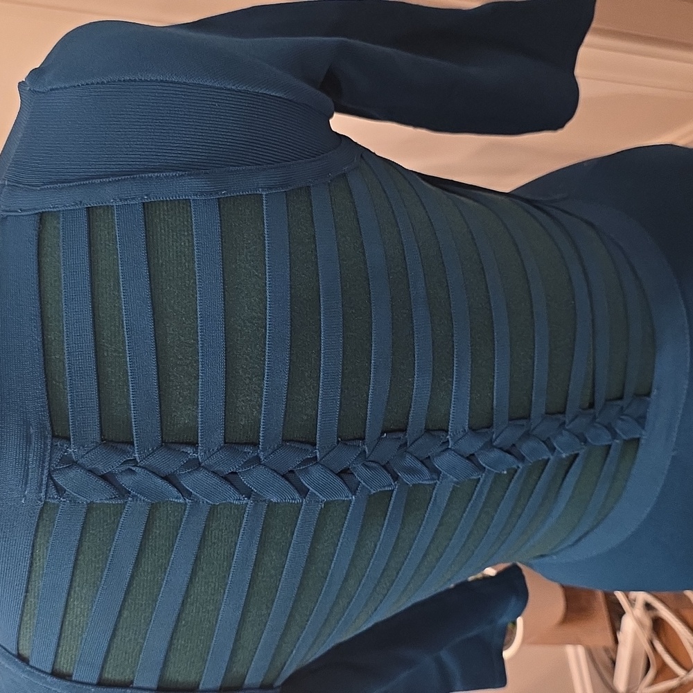 bebe Teal Ribbed Long Sleeve Dress with Ladder Front